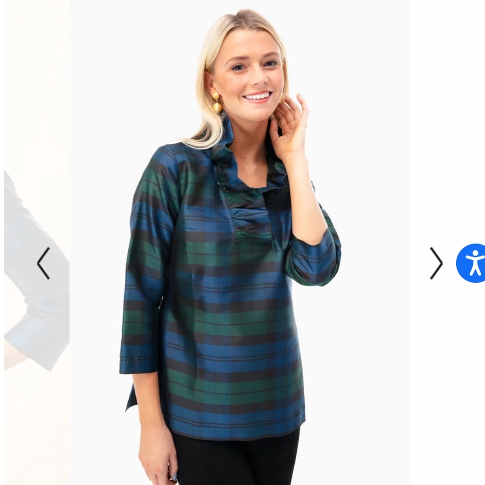 Devon Baer black watch tartan plaid silk blouse with ruffle collar